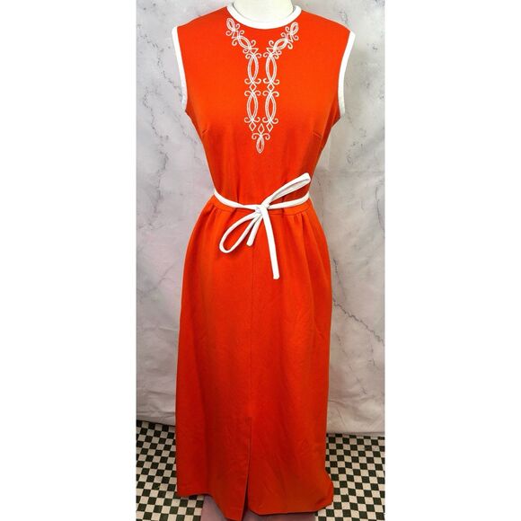 Vintage 1960's Orange MOD Sleeveless Maxi Dress M Accent Belt Groove MCM Retro - Picture 2 of 16